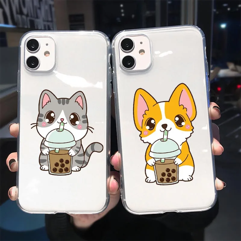 

Cute cartoon pet cats and corgi drink milk tea Case For iPhone 11 Pro Max 5S 6S 7 8 Plus X XR XS Max 12 Pro Max TPU Cover Coque