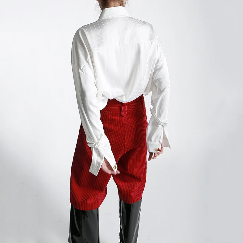 [EAM] Corduroy  Red High Waist Woolen Knee Length Trousers New Loose Fit Pants Women Fashion Tide Spring Autumn 2021 1DD4706