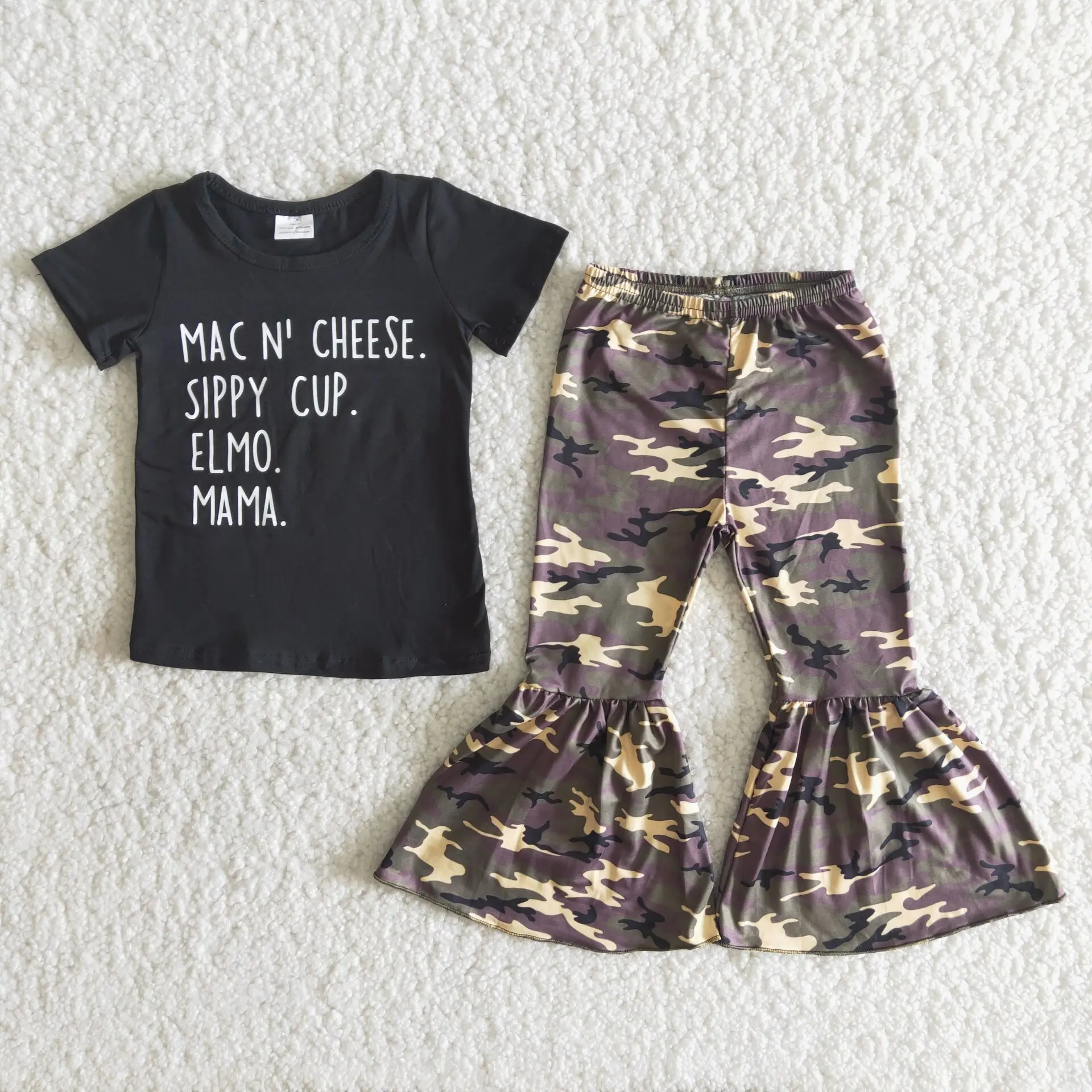 

Spring/Fall 100% Cotton Shirt with Vinyl Slogan Camo Bell Bottom Pants Girl Two Pieces Set