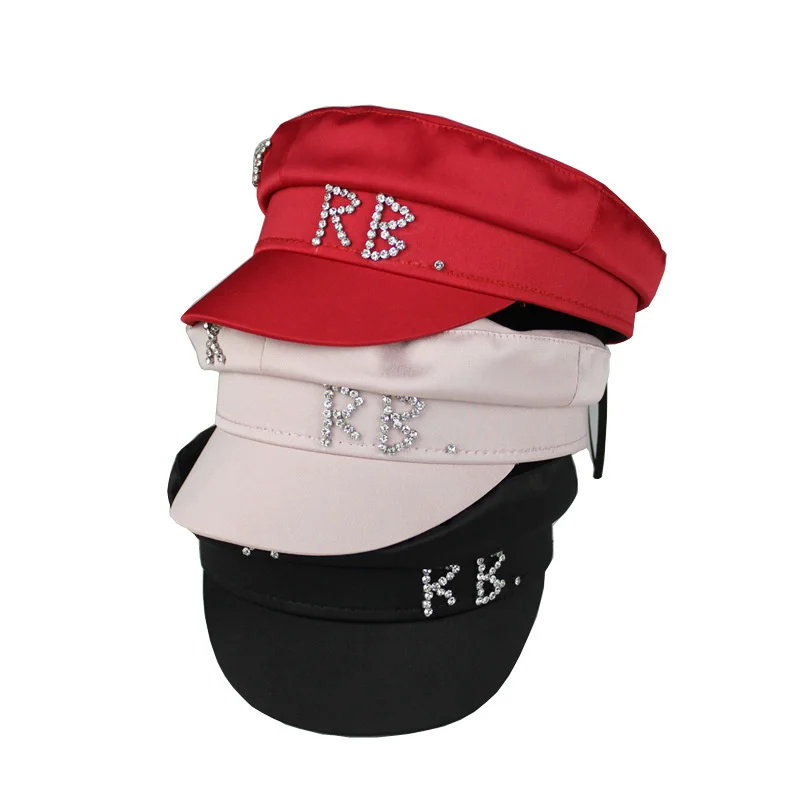 

Simple Rhinestone RB Hat Women Men Street Fashion Style Newsboy Hats Black Berets Flat Top Caps Men Drop Ship Cap