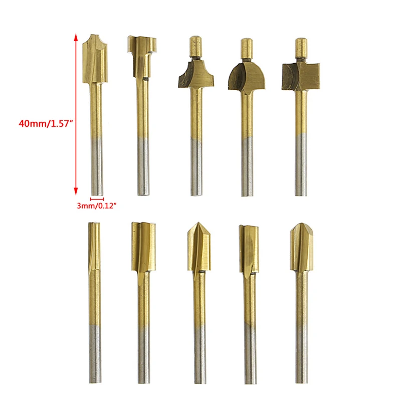 

P9YB 10pcs 1/8" HSS Wood Router Bits 3mm Cutter Milling Fits Rotary Carpenter Tool