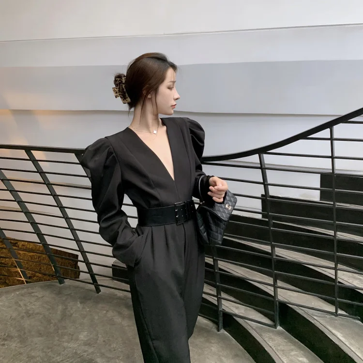 

Elegant Vintage Solid Women Jumpsuits Sexy Deep V Neck Playsuit Elegant Office Lady Bodysuit Fashion with Belt Korean Plus Size