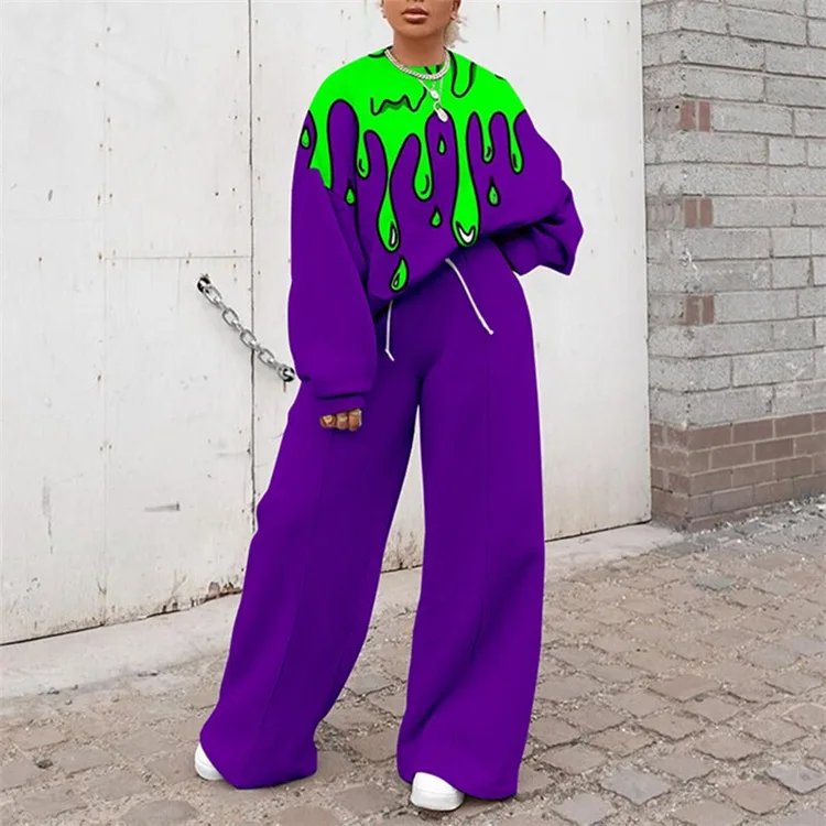 

Casual Loose Fashion Sweatshirt Two Piece Set Women Pullover Tops And Wide Leg Pants Outfits 2021 Autumn New Tracksuit Women Set