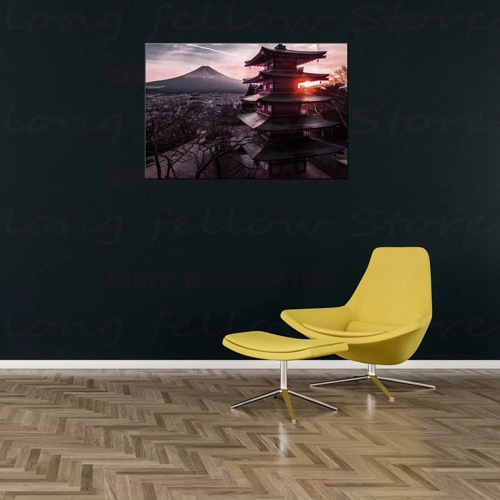 Черная белая красная холщовая Настенная картина печать на фоне Fuji японский Храм
