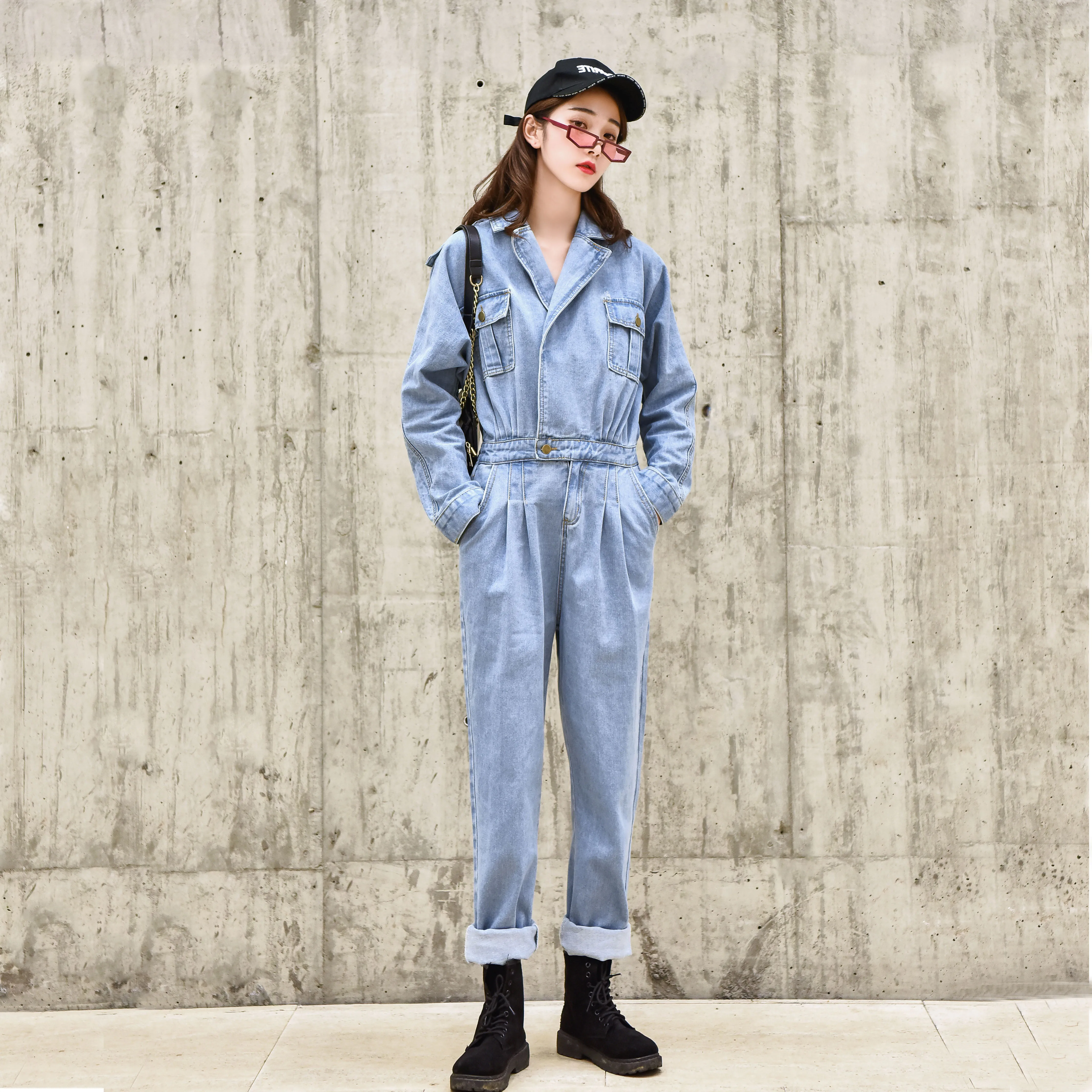 Комбинезон женский джинсовый с высокой талией винтажный синий комбинезон из
