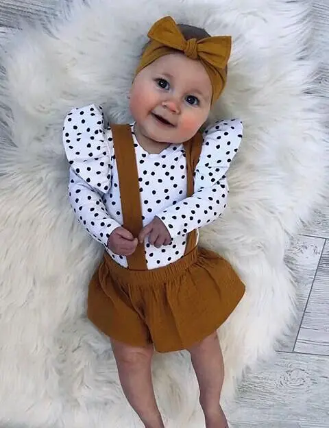 

Комплект из 3 предметов для маленьких девочек, Кружевной Топ с длинным рукавом и точечным принтом, однотонная короткая юбка на бретелях и по...