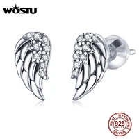 wostu feathers earrings 925 sterling silver retro angel wings stud earrings stud for women cubic zircon cz silver jewelry cqe882