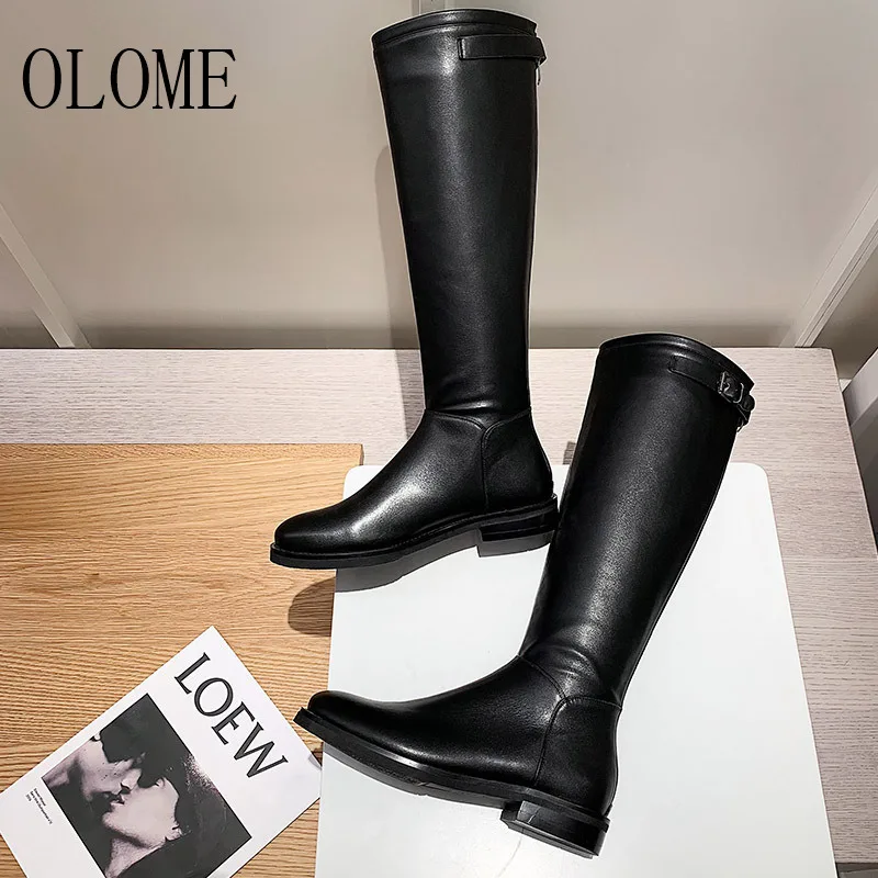OLOME, новые модные красивые женские сапоги до колена черного и белого цвета женские осенне-зимние сапоги на низком толстом каблуке с круглым носком и молнией сзади