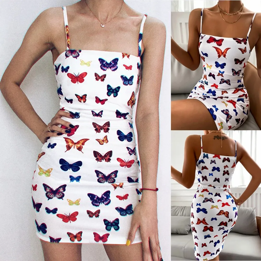 

Butterfly Print Strap Dress Sexy Backless Split Bodycon Dress Retro Mini Dresses Tie Dye Printed Skirts Party Outfits Streetwear