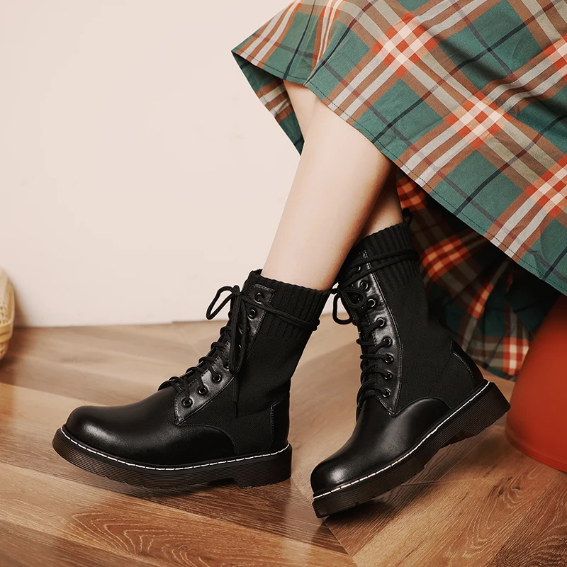 

Pu Leather Womens Ladies Ankle Boots Mid Heel Lace Up Worker Army Black Goth Shoes Autumn Sexy Chain High Quality