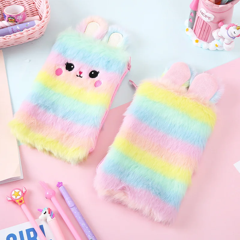 

2021 new cartoon student pencil bag large capacity stationery storage bag girl cute plush sundry storage bag