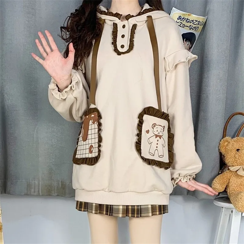 

Bear Pocket New Long Sleeve Loose Print Hooded Lolita Coat Pullover Hoodie Top Cartoon Woman Loli Wear Student Sweet Girls Anime