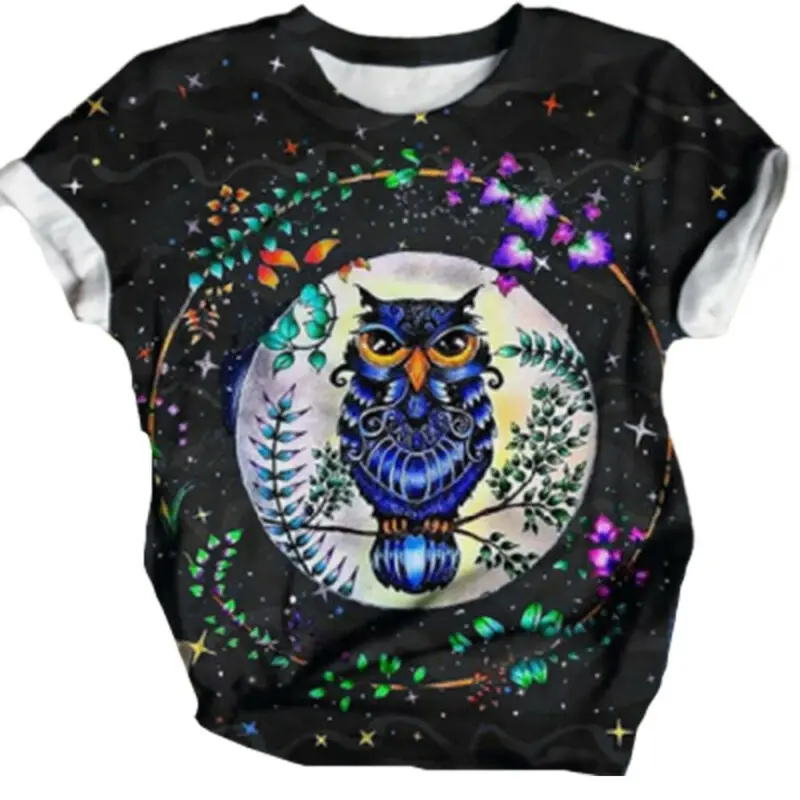 

Trevor Womens Owl Printed Short Sleeve T-Shirt Summer Casual Tops Holiday Tee Blouse
