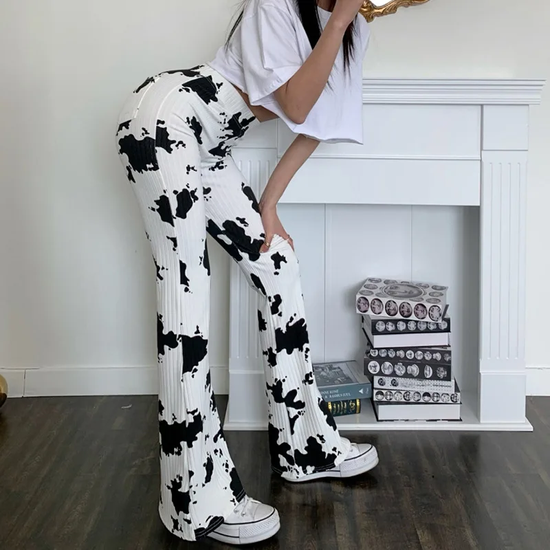 

Eversea Milk Cow Pattern Trousers Women High Wait Causal Style Straight Elegant Bottom Wear