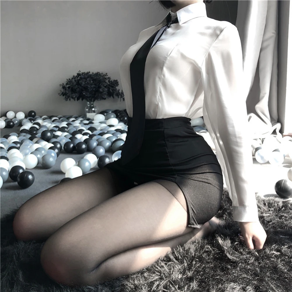 

Sexy Teacher Cosplay Lingerie Sets Miss Secretary Costume Secretary Office Mini Skirt Roleplaying Blouse Transparent Stockings