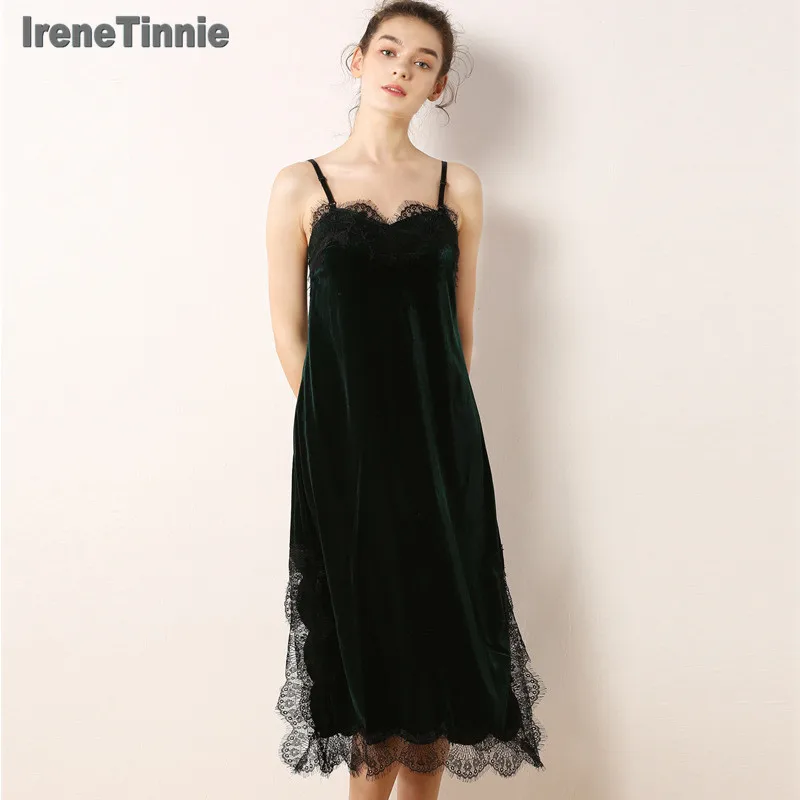 

Irene Tinnie Women Nightgowns Velvet Lace Sleeveless Nightdress Vintage Long Sleepwear Lace Sexy Nightwear Home Night Dress