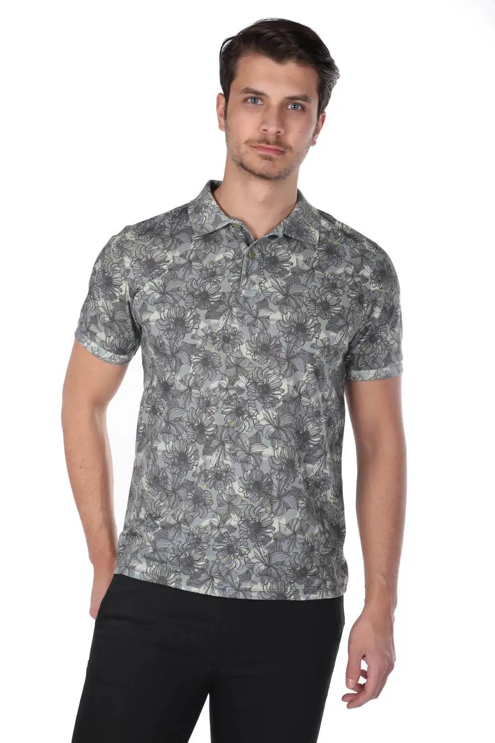 

Men's Flower Print Polo Collar T-Shirt