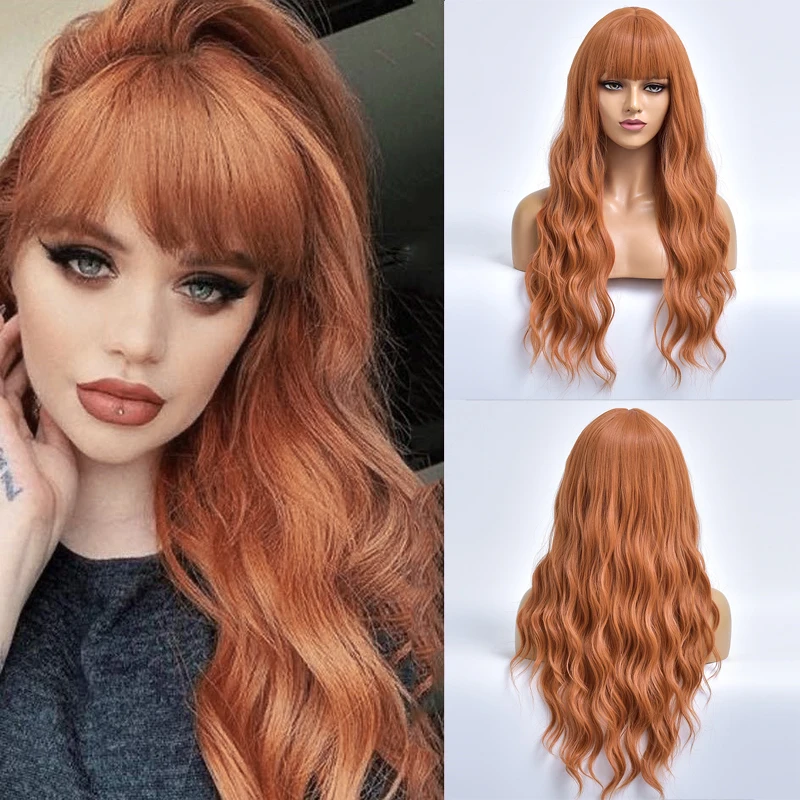 

Orange Long Wave Colored Daily Hair Synthetic Wigs For White Women With Wangs Cosplay Natural Heat Resistant Fiber Female Wig