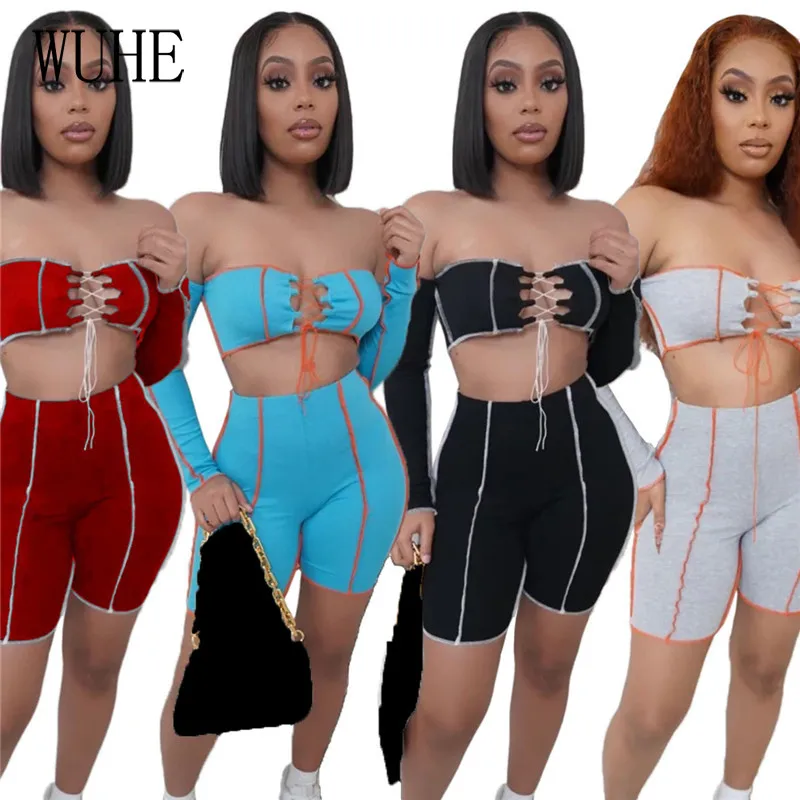 

Спортивный костюм YEYA для ночного клуба с воротником-лодочкой без бретелек с перекрестными шнуровками Топ с длинным рукавом и узкие коротки...