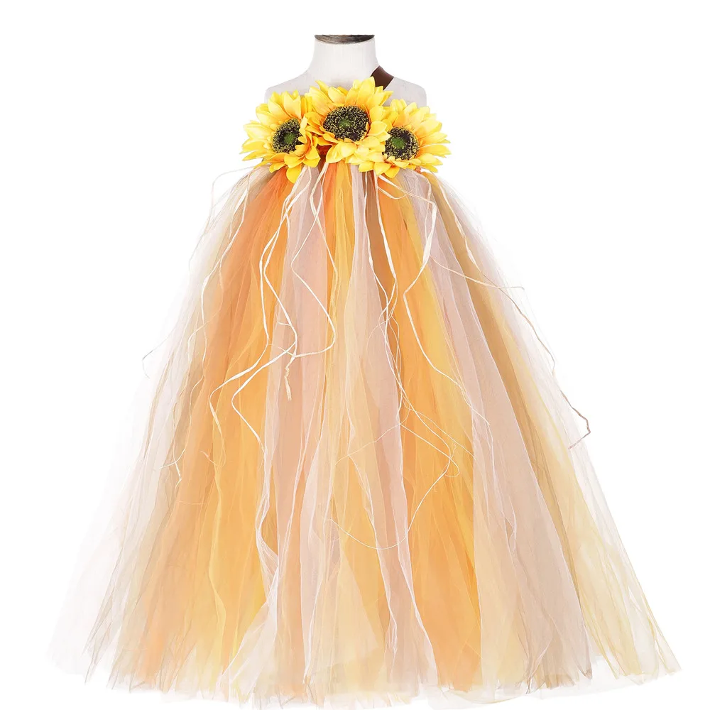 Autumn Sunflower Scarecrow Tutu Dress Kids Pumpkin Halloween Costumes for Girls Photo Prop Party Fall Themed Tulle | Детская одежда и
