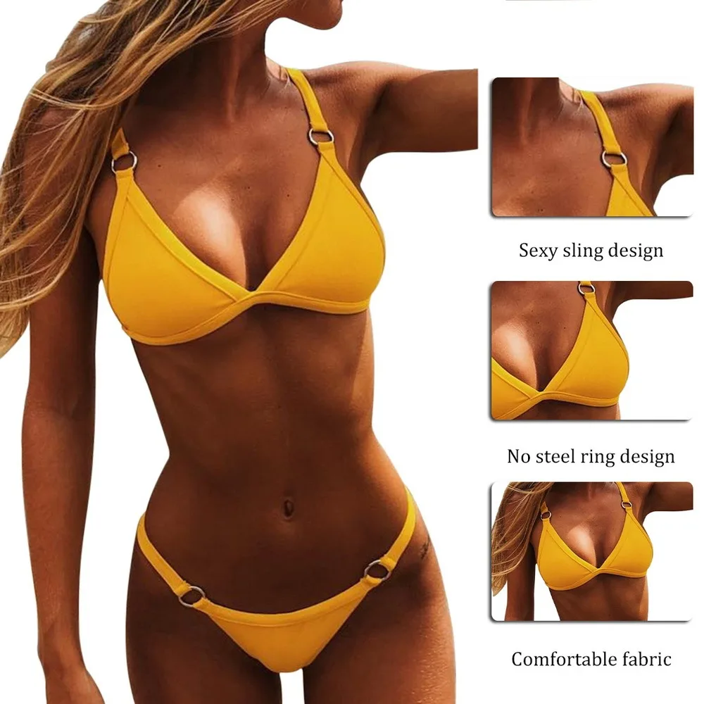

Women's Swimwear Sexy V Neck Bikini Set Beachwear Ring Bikini Two Piece Set Summer Swimsuit Fashion Solid Color 2021