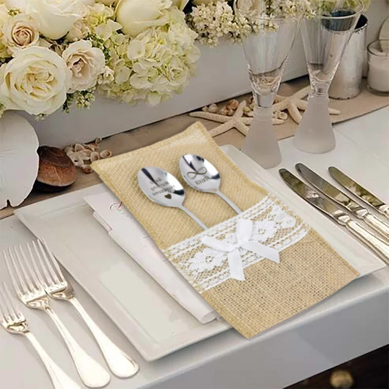 

5Pcs 11x23cm Vintage Natural Burlap Linen Lace Tableware Bag Wedding Party Decoration Knife Fork Bags for Home Table Decor