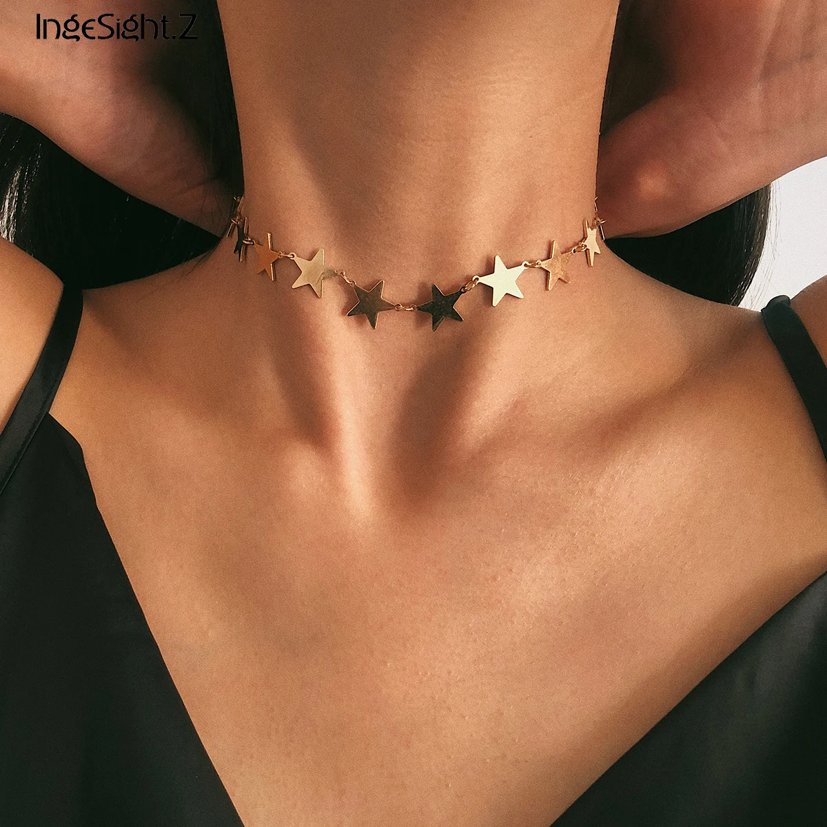 

IngeSight.Z Korean Cute Copper Star Choker Necklace Collar for Women Statement Simple Minimalist Clavicle Chain Necklace Jewelry
