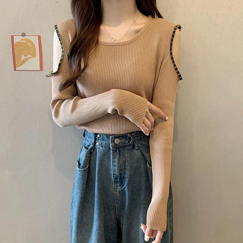 

Женский тонкий свитер с открытыми плечами, короткий топ в полоску с длинным рукавом для ранней осени, 2021