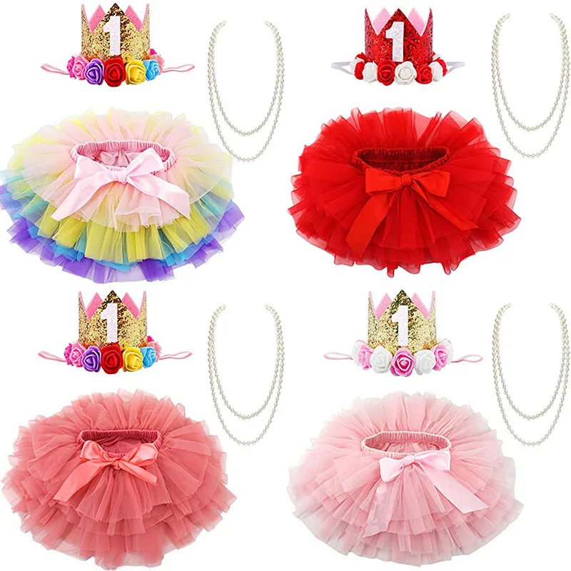 

3-8 Years Old Tutu Pompous Skirt Fashion Crown Pearl Necklace Suit Birthday Party Dress Up