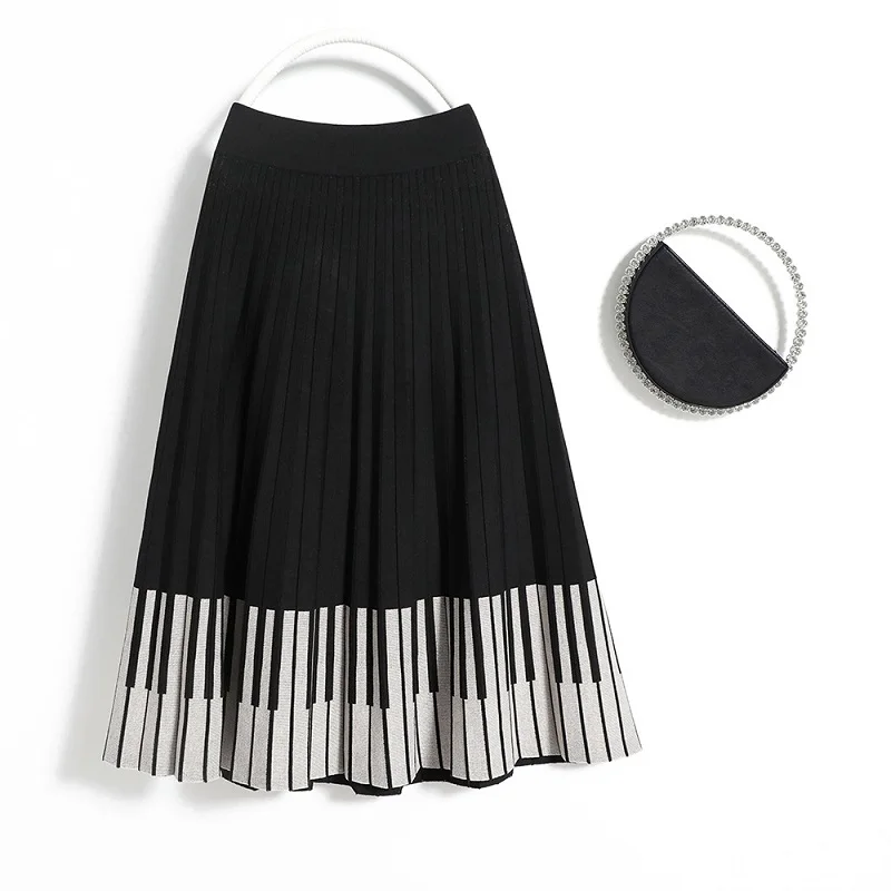 

Autumn Winter Thick Crystal Linen Knitted Skirt 2021 New Black White Pleated Skirt Keyboard Skirt In Picture KK1162