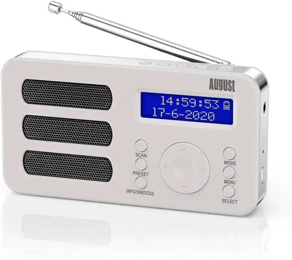 

Portable Digital Radio August MB225 DAB/DAB +/FM RDS Function Dual Alarm Stereo/Mono Speaker Rechargeable Battery with LCD White