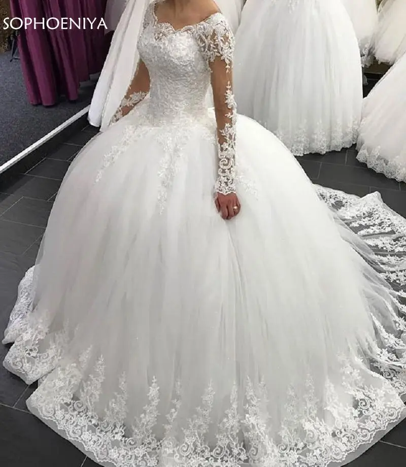 

Casamento Long Sleeve Wedding Dresses Lace Ball Gown Tulle Princess Wedding gowns Plus Size Vestido de novia
