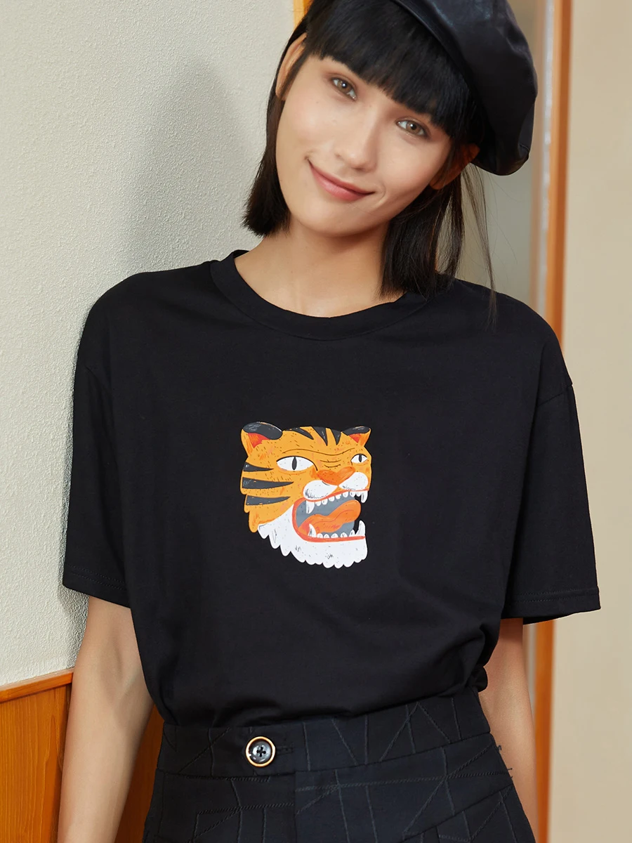 

Biutefou2021 Summer Original Design Women Vintage Loose Tiger Print Ins T-Shirt