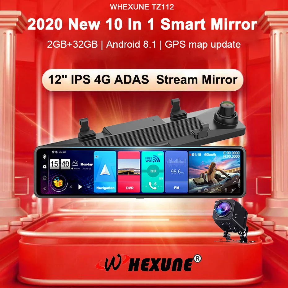WHEXUNE Новый 12 &quot4G Android 8 1 Автомобильный видеорегистратор зеркало заднего вида GPS