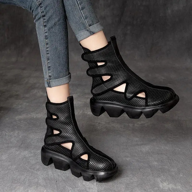 

New Platform Hollow-out Roman Wedge Platform Single-Layer Boots Women's Sandals Genuine Leather High-Top Hole Summer Boots
