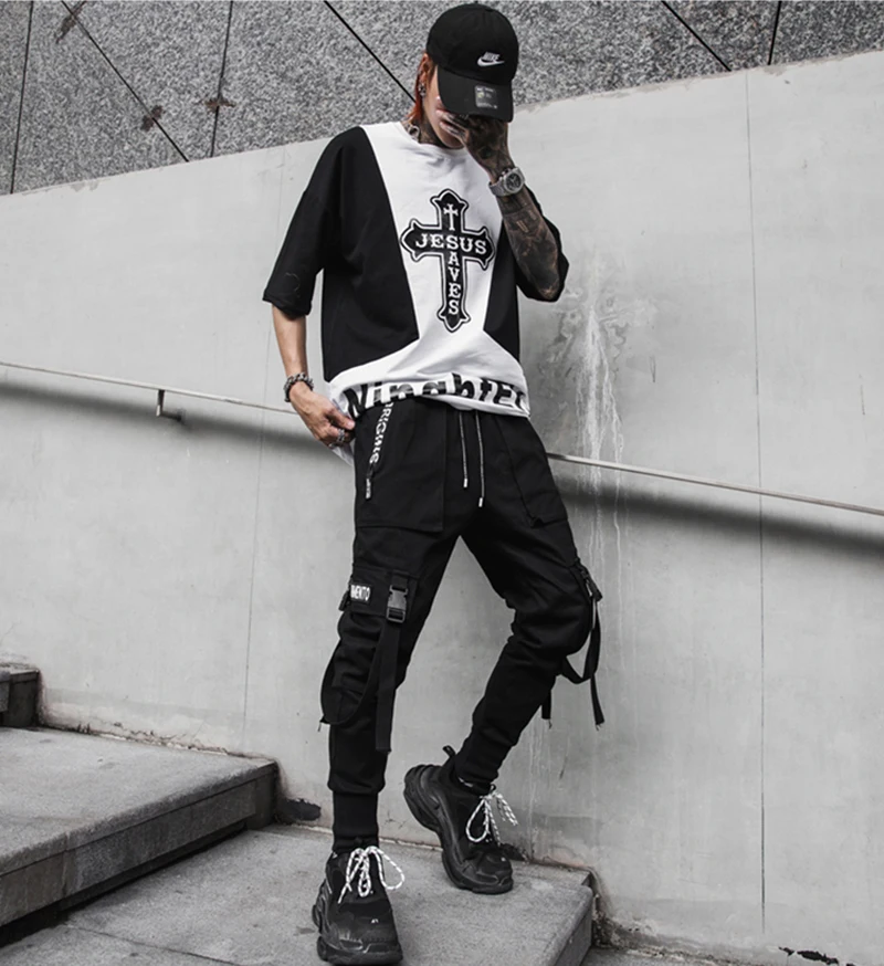 

Sportswear casual hip hop style Multi Pocket elastic belt Harem Pants men's street punk pants jogging men's ankle pants XZ 104