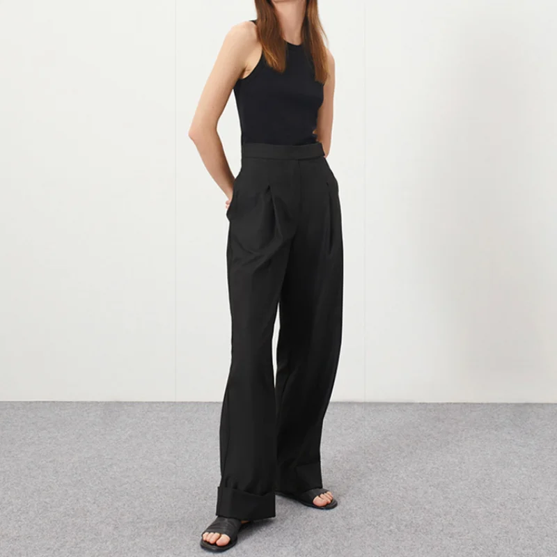 

Черные женские офисные брюки, женские весенне-летние повседневные брюки с высокой талией и карманами, женские плиссированные широкие брюки...