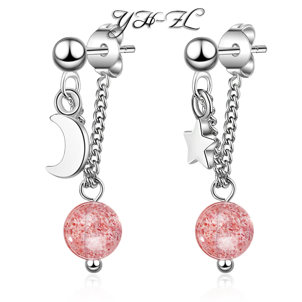 

YH-ZL Simple Hot Sale 925 Sterling Silver Natural Strawberry Crystal Beads Star Moon Earrings For Women Ear Drop