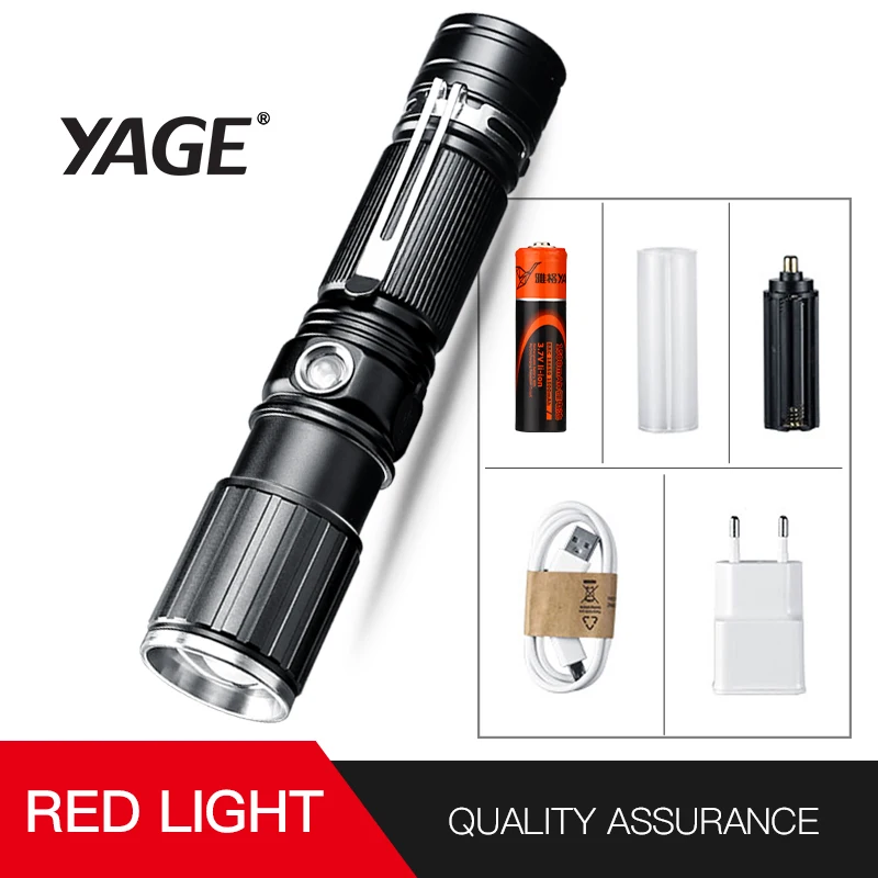 YAGE светильник-вспышка xml t6 алюминиевый зум CREE светодиодный 18650 белый/красный флэш-светильник USB фонарь светильник с 18650/4* AAA/1*26650 батареей YG-342