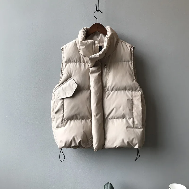 Light Khaki CamKemsey/осенне-зимние парки, жилет, пальто, женская мода, воротник-стойка, повседневные однотонные карманы, молнии, пуховый жилет из хлопка, с подкладкой, пальто - Цвет: Light Khaki