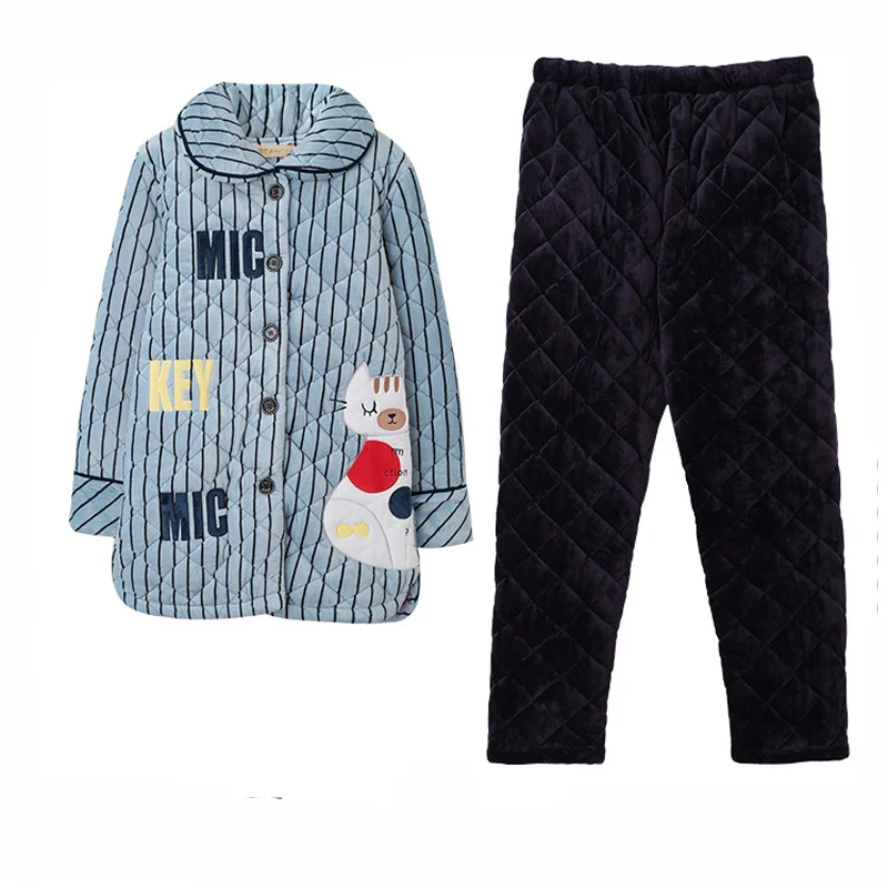 

Pajamas Women Autumn And Winter Coral Fleece Set Three-Layer Thickened Warm Quilted Flannel Sleepwear Home Service Suit
