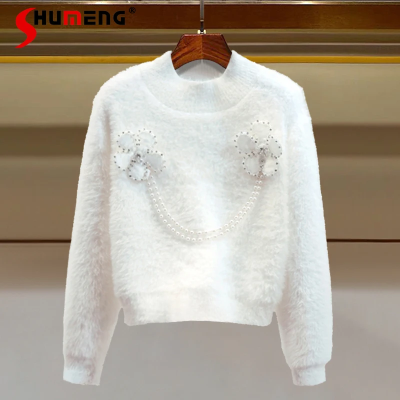 

Women's O-neck Pure Color Thickened Pullover Sweater 2021 Autumn and Winter New Ladies Beaded 3D Flower Lazy Style Knitted Top