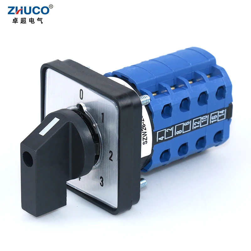 

ZHUCO SZW26/LW26-20/0-4.4 20A Four Pole 16 Terminals 64X64 Mm 48X48 Mm Panel Changeover Selector Universal Rotary Cam Switch