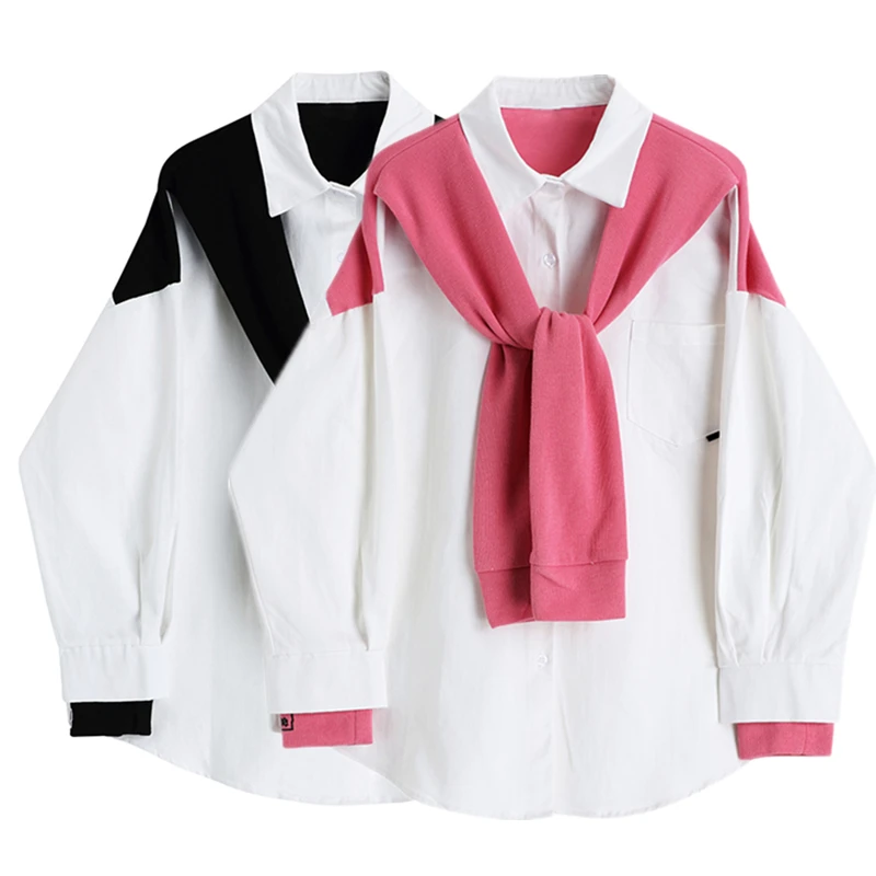 

Fake Two Piece Stitching Knitted Shawl Shirt Women Autumn Clothes Korean Temperament Shirt Top Stitching Contrast Color Female
