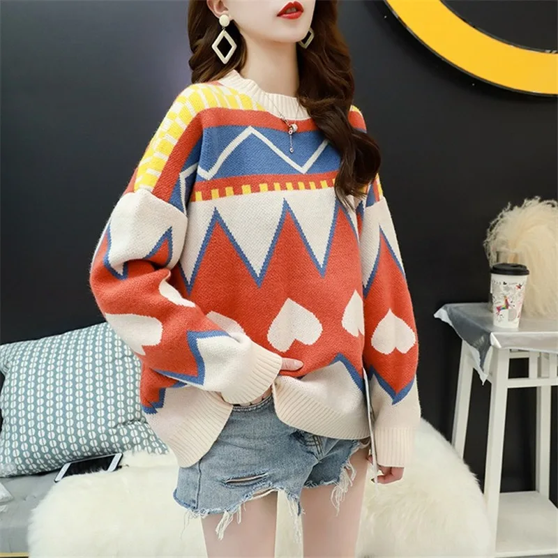 

Свободный свитер с воротником-хомутом в Корейском стиле; Сезон осень-зима 2020; Новый контрастный вязаный джемпер с геометрическим рисунком