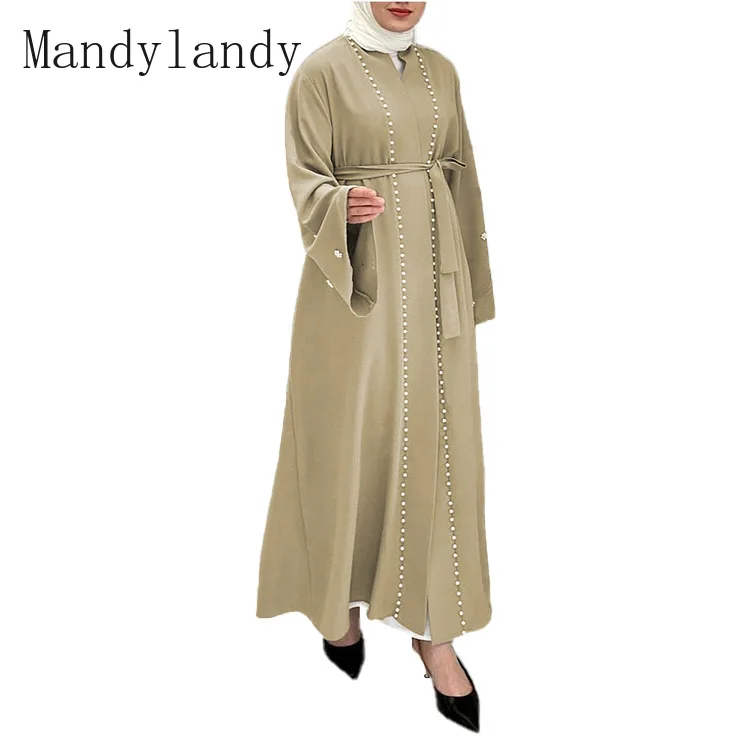 

Платье-Кафтан Mandylandy с жемчужными вставками, однотонное мусульманское платье, Дубайский халат, абайя, мусульманская одежда, кардиган с раскл...