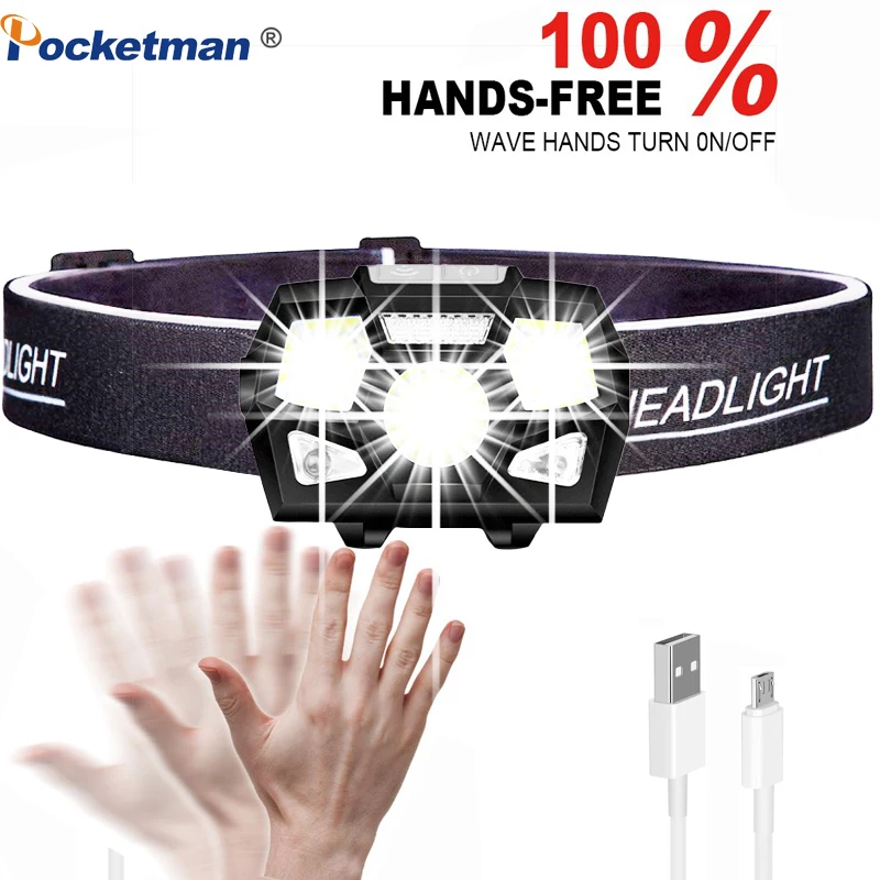 

7000 Lumen LED Headlamp Motion Sensor Ultra Bright Hard Hat Head Lamp Powerful Headlight USB Rechargeable Waterproof Flashlight