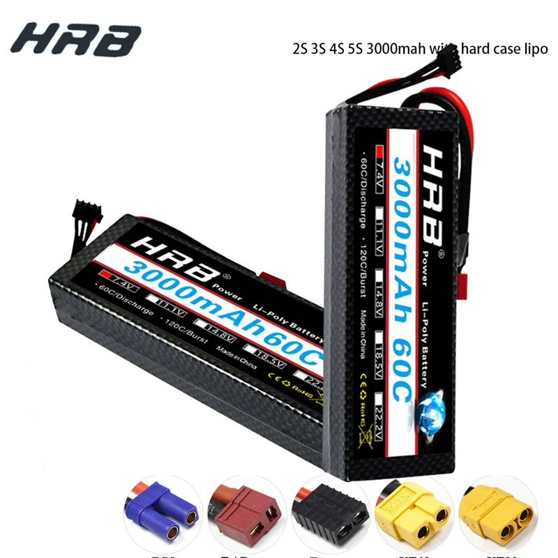 HRB RC Lipo Battery 3000mAh 2S 3S 4S 5S 7 4 V 11 1 14 8 18 5 60C 120C XT60 Жесткий Чехол для радиоуправляемых