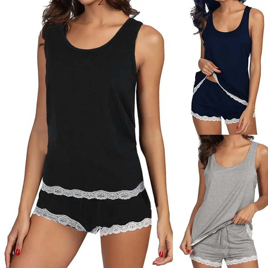 Новинка лета 2019 Женский пижамный комплект с круглым вырезом без рукавов