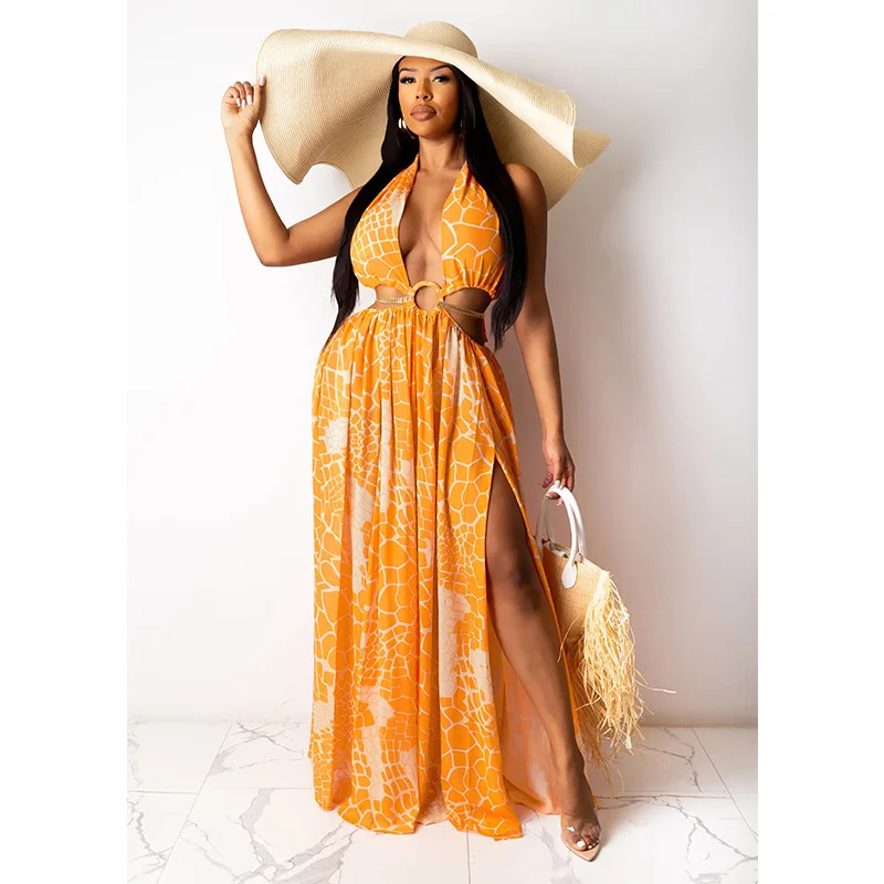 

Women's 2021 new sleeveless printing sexy suspender dress long skirt